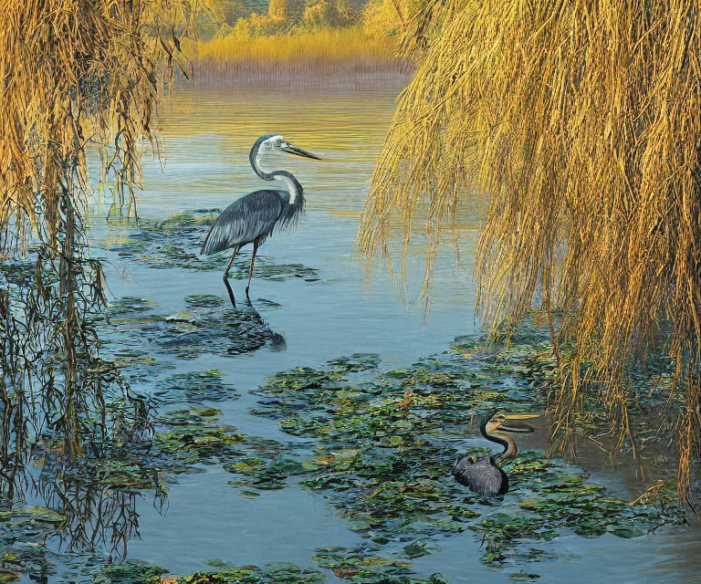 Image similar to a majestic blue heron in shallow river, waterfalls in distance, left border beautiful willow, right border cherry blosom trees, lily pads bullrushes marsh clouds, golden hour intricate by mcquarrie martin lagerstadt, digital art, highly detailed, artstation