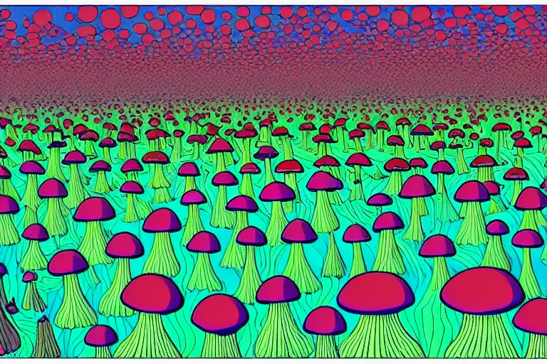 Prompt: a psychedelic illustration of a field of mushrooms, flat colors, limited palette in FANTASTIC PLANET La planète sauvage animation by René Laloux