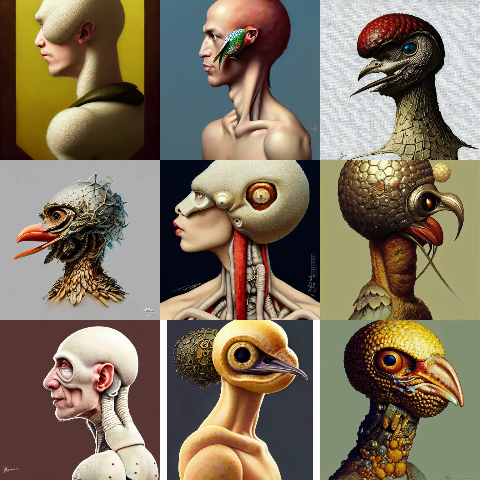 Image similar to rpg! profile! portrait of a fungus humanoid bird on white background, beak, intricate, highly detailed, digital painting, artstation, concept art, smooth, sharp focus, illustration, art by norman rockwell emiliano ponzi andrey remnev yoann lossel john currin aaron jasinski ivan albright hsiao - ron cheng, 8 k