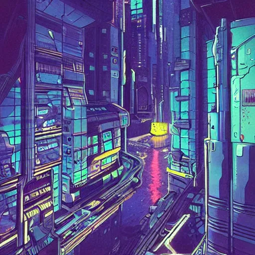 Image similar to astronaut cyberpunk surreal upside down city neon lights moebius