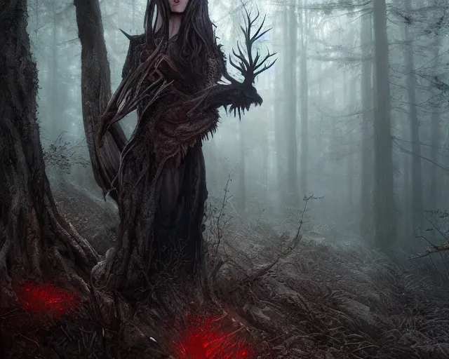 Image similar to 5 5 mm portrait photo of an demonic hunter with red eyes, looking at the camera, in a magical forest. magical atmosphere. art by greg rutkowski and luis royo. highly detailed 8 k. intricate. lifelike. soft light. nikon d 8 5 0.