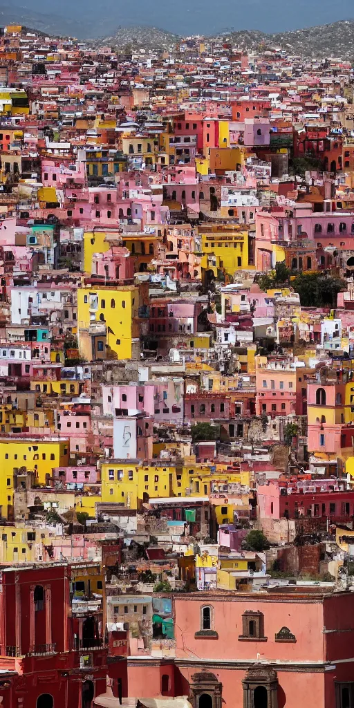 Image similar to symmetry!! arched window in foreground, guanajuato city in background, by wes anderson