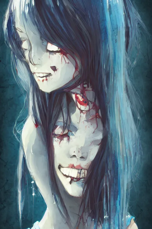 Prompt: urban school zombie girl in tattered clothes drooling fanart, dark blue long hair, muted colors, matte print, pastel colors, ornate, digital art, cute smile, digital painting, fan art, elegant, pixiv, by Ilya Kuvshinov, by Studio Ghibli