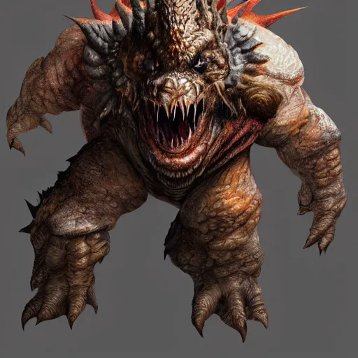 Image similar to concept art of bowser with huge horns and scales and talons, resident evil, horror, occult, terror, mist, volumetric render, digital painting, detailed painting