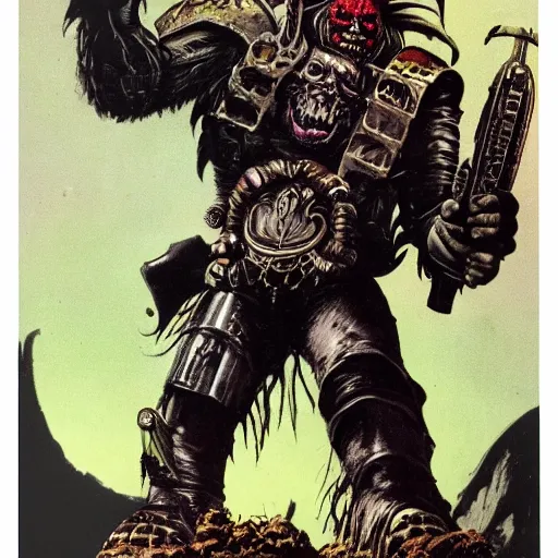 Prompt: Heavy metal Ork, Orkboy, Ork, 80s metal, mohawk, shaggy hair, New Wave of British Heavy Metal, Frank Frazetta, pulp art, illustration