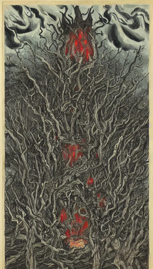 Image similar to a storm vortex made of many demonic eyes and teeth over a forest, by zeng fanzhi