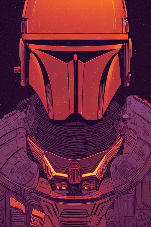 Image similar to closeup potrait of the mandalorian, intricate, volumetric lighting, moebius, geof darrow, frank miller, dan mumford, detailed illustration, digital art, victo ngai, kilian eng, vector art