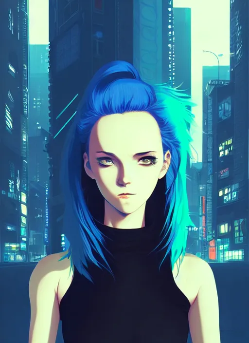 Image similar to digital illustrationportrait of cyberpunk pretty girl with blue hair, wearing a tight black dress, in city street at night, by makoto shinkai, ilya kuvshinov, lois van baarle, rossdraws, basquiat