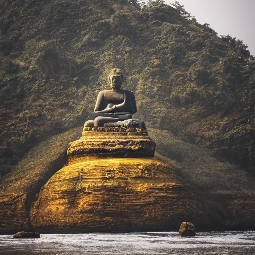 Prompt: huge stone buddha statue on a cliff, rule of thirds, 8 k, moody, water, intense color, highly detailed, dream landscape, wide, cinematic, hyperrealistic, stone, old ruins,