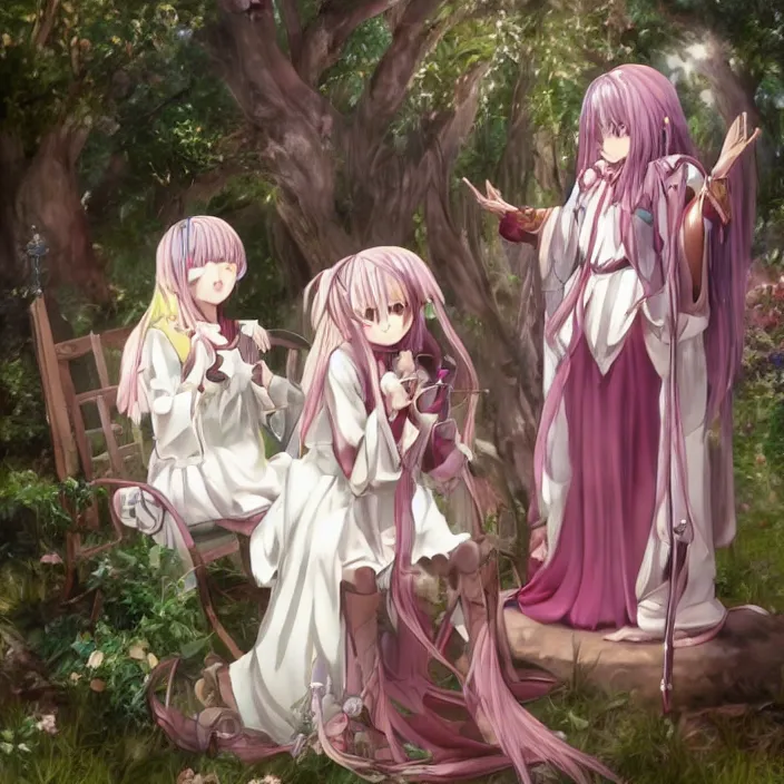 Prompt: magical girl Madoka Kaname giving jesus christ some advice in the garden of gethsemane, trending on pixiv