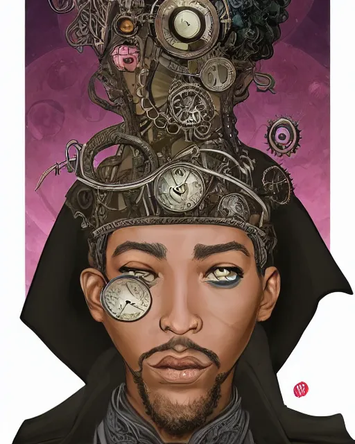 Image similar to a detailed portrait illustration of a steampunk wizard - sage. beautiful black male face, thin, hollow eyes. blonde afro hairstyle. art nouveau, pop art, comic book style. influenced by neil gaiman, h. p. lovecraft, dan mumford, brian froud, vadim voitekhovitch, osborne macharia, ross tran.