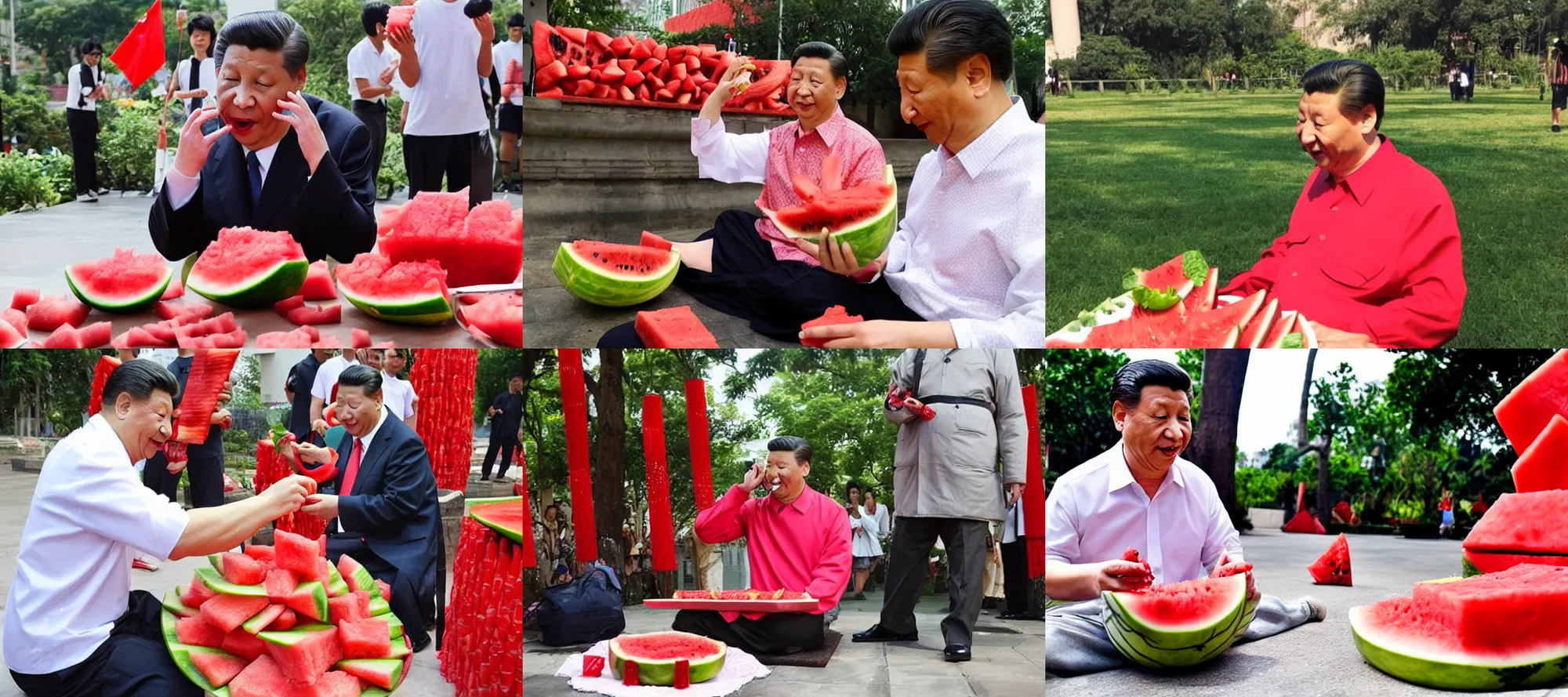 Prompt: xi jinping eating watermelon in front of temple