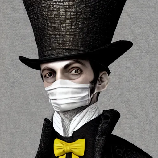 Image similar to a highly detailed portrait of a man in a high top hat covering his face, in a black tailcoat with a yellow waistcoat under the tailcoat, artstation, deviantart, professional, unreal engine 5, photorealistic