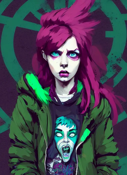 Image similar to highly detailed portrait of a sewer punk lady student, blue eyes, tartan hoody, magenta hair by atey ghailan, by greg rutkowski, by greg tocchini, by james gilleard, by joe fenton, by kaethe butcher, gradient green, black, brown and magenta color scheme, grunge aesthetic!!! ( ( graffiti tag wall background ) )