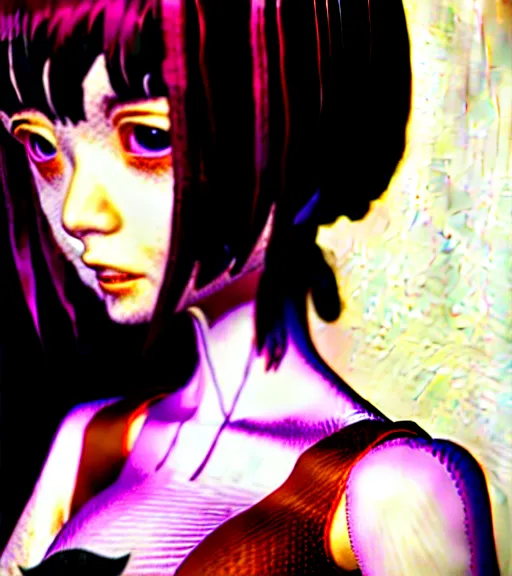 Image similar to girl with morbid thoughts wearing a black spring dress with short brown hair, queen of sharp needles and under the effect of psychosis, by Range Murata, Katsuhiro Otomo, Yoshitaka Amano, and Artgerm. 3D shadowing effect, 8K resolution.