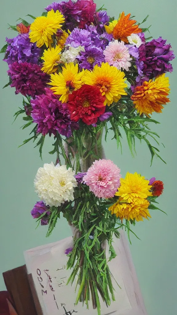 Image similar to oil painting of the letter M made from a bouquet of flowers photorealistic