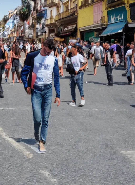 Prompt: an alien walking trying so hard not being recognized in the middle of the street during Feria de Malaga, ultra realistic