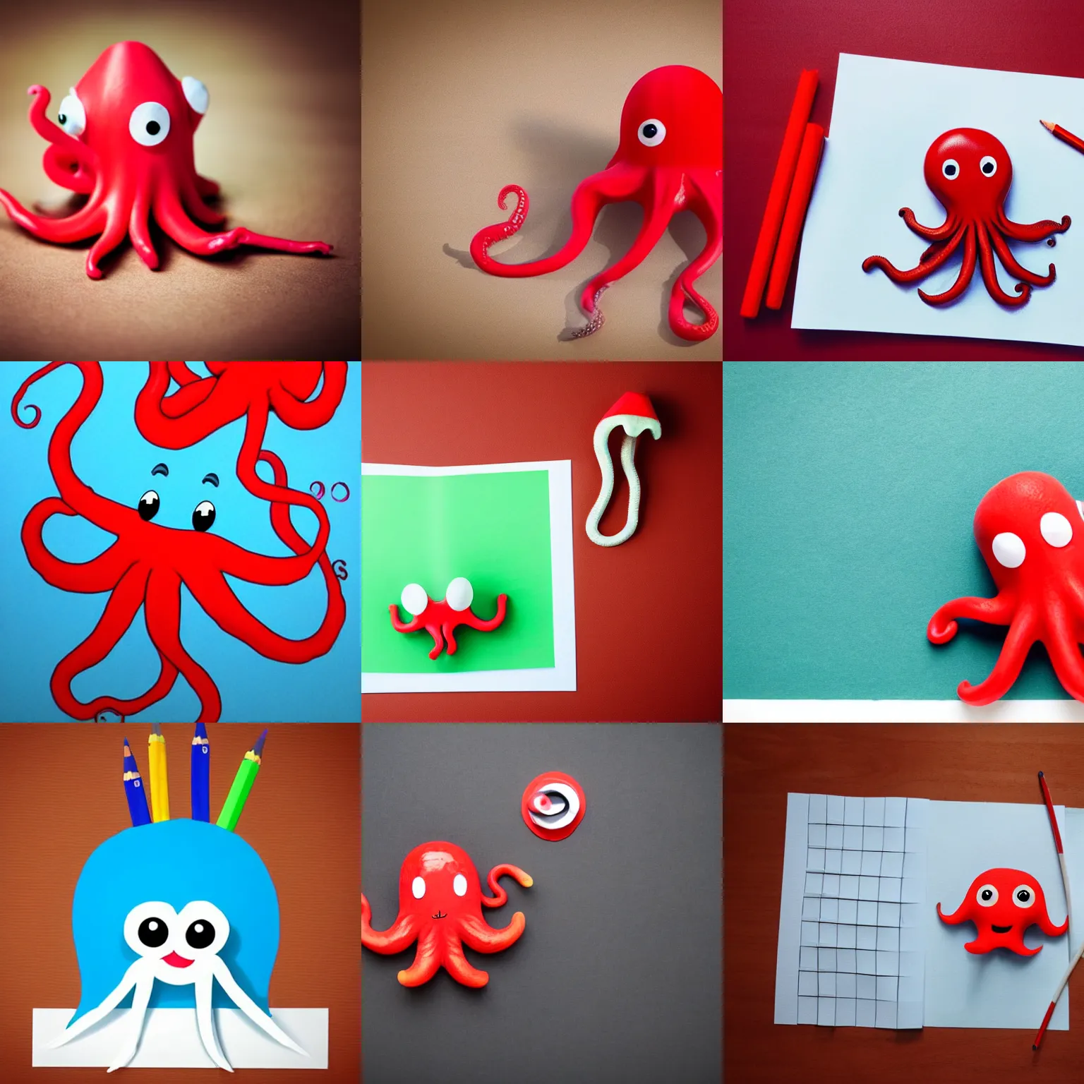 Prompt: cute funny 3d octopus holds red crayon with tentacle and sitting near table with paper on it