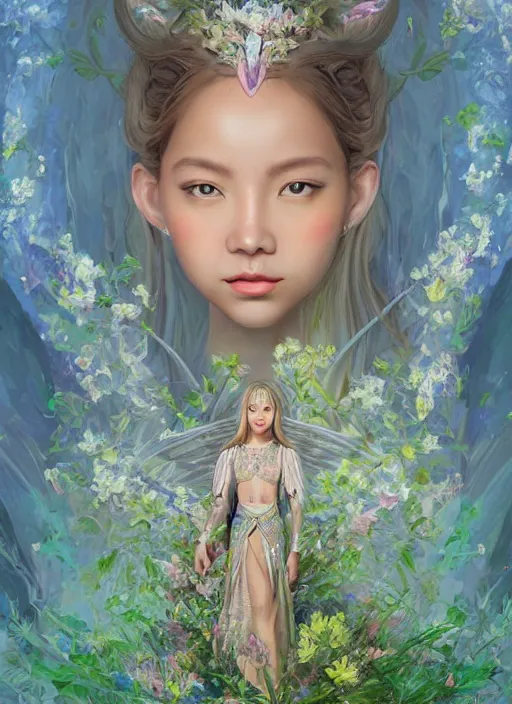 Image similar to portrait of Lalisa Manobal as a Celestial Goddess of a futuristic princess, inside future fighter, sci-fi, fantasy, intricate, lush garden spaceship with sakura season flowers, elegant, human anatomy, royal green and nature light, highly detailed, digital painting, artstation, concept art, smooth, sharp focus, illustration, art by tian zi and WLOP and alphonse mucha, masterpiece, 3d blender