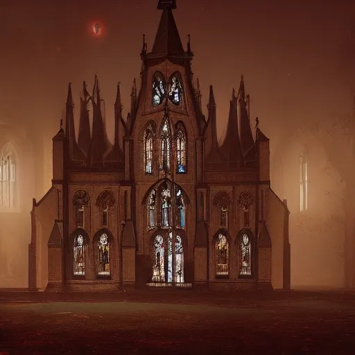 Image similar to victorian church in the middle of the city, dark, misty, at night, 8 k, detailed, concept art, trending on artstation