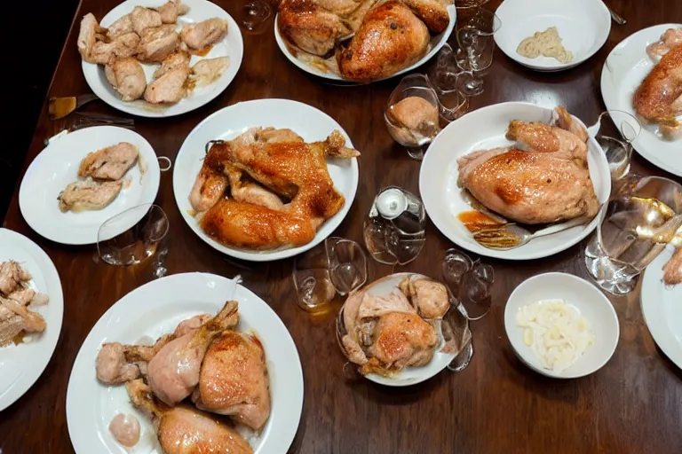 Image similar to a dinner table full of cooked chicken