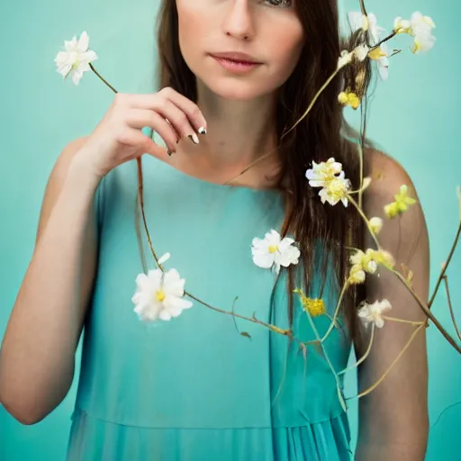 Image similar to a portrait of beautiful nordic woman wearing a white folkdrakt dress. wearing headband of small yellow flowers. teal blue background