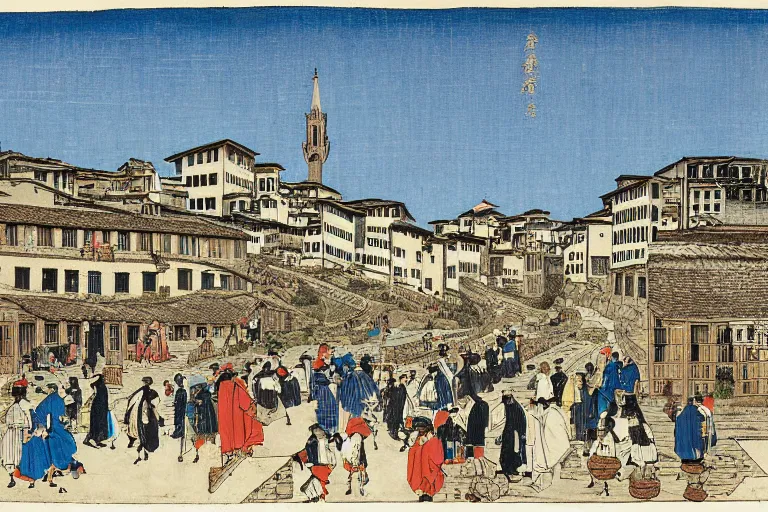 Prompt: florence old street in 1 6 th century with a tower in background by hiroshige utakawa