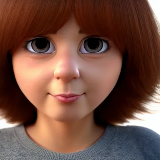 Image similar to A portrait of a plump woman, a cute 3d cgi toon woman with brown hair in a Bob, no bangs, brown eyes, full face, olive skin, romanian heritage, medium shot, mid-shot, hyperdetailed, 8k, trending on artstation, as a Pixar character