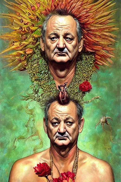 Prompt: hyper realistic portrait painting of bill murray ( intrincate detail, golden ornaments, feathers ) wet, flowers, by saturno butto, boris vallejo, austin osman spare and david kassan, by bussiere. occult art, occult diagram, red and green color scheme.