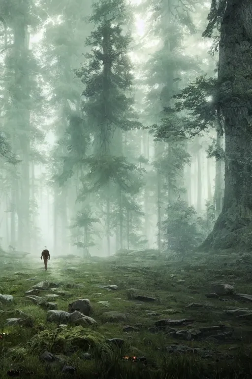 Image similar to A beautiful forest with a giant walking in the far distance by Greg Rutkowski, Sung Choi, Mitchell Mohrhauser, Maciej Kuciara, Johnson Ting, Maxim Verehin, Peter Konig, final fantasy , 8k photorealistic, cinematic lighting, HD, high details, atmospheric,