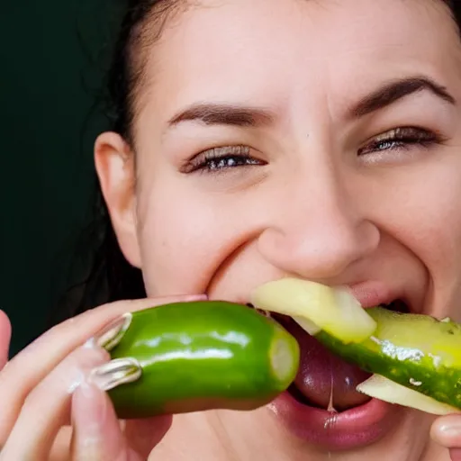 Image similar to a photo of a person unable to eat a pickle properly