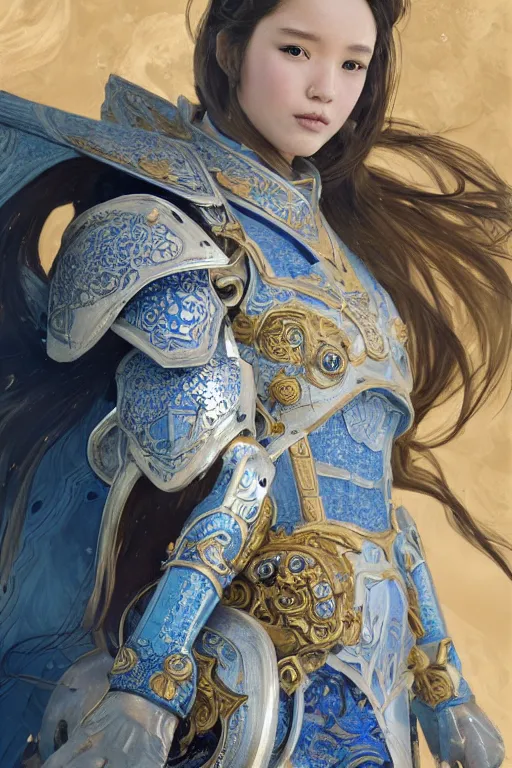 Image similar to portrait knights of Zodiac girl, Chinese Blue and white porcelain color reflected armor, in ruined Agora of Athens, ssci-fi, fantasy, intricate, very very beautiful, elegant, golden light, highly detailed, digital painting, artstation, concept art, smooth, sharp focus, illustration, art by tian zi and WLOP and alphonse mucha