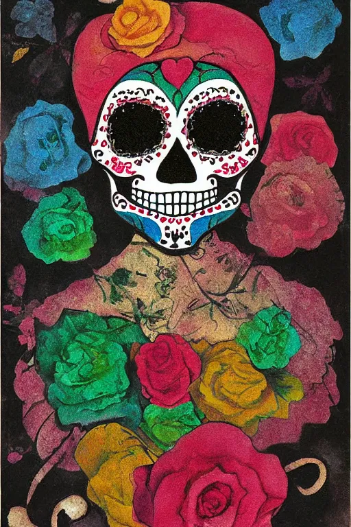 Prompt: Illustration of a sugar skull day of the dead girl, art by mordecai ardon