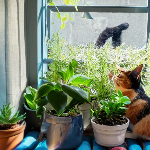 Prompt: old calico cat laying in the sun on thin blue cushion in bay window next to potted plants, professional photography