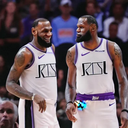 Image similar to LeBron James and Kevin Durant wearing Sacramento Kings jerseys