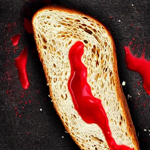 Image similar to hyper realistic photo of toast, blood oozing down the side