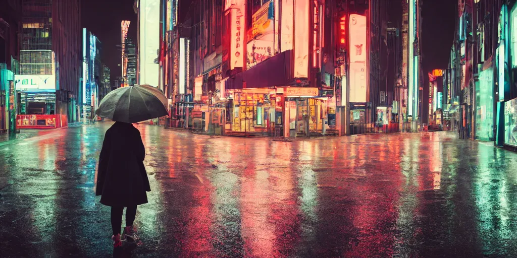 Prompt: a lonley woman in a read coat is walking the streets of a city with wet asphalt and neon lights, photorealistic