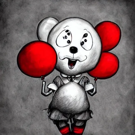 Prompt: surrealism grunge cartoon portrait sketch of a teddy bear with a wide smile and a red balloon by - michael karcz, loony toons style, pennywise style, horror theme, detailed, elegant, intricate