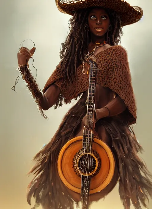 Image similar to a highly detailed illustration of long curly haired african girl wearing cowboy hat and brown poncho, dramatic playing banjo pose, intricate, elegant, highly detailed, centered, digital painting, artstation, concept art, smooth, sharp focus, league of legends concept art, WLOP