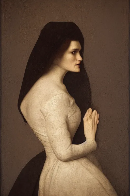 Prompt: true to life portrait en buste of rachel weisz by johannes vermeer, baroque, dark moody colors, highly detailed, artstation, illustration