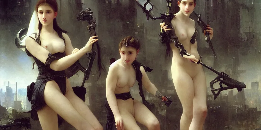 Image similar to unicorn in a futuristic cyberpunk town. By William Adolphe Bouguereau, highly detailed