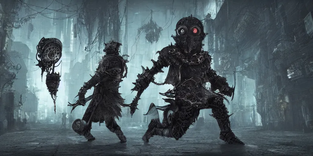 Prompt: minion as a darksouls boss, horror, hd, screenshot, cyberpunk, cyberpunk