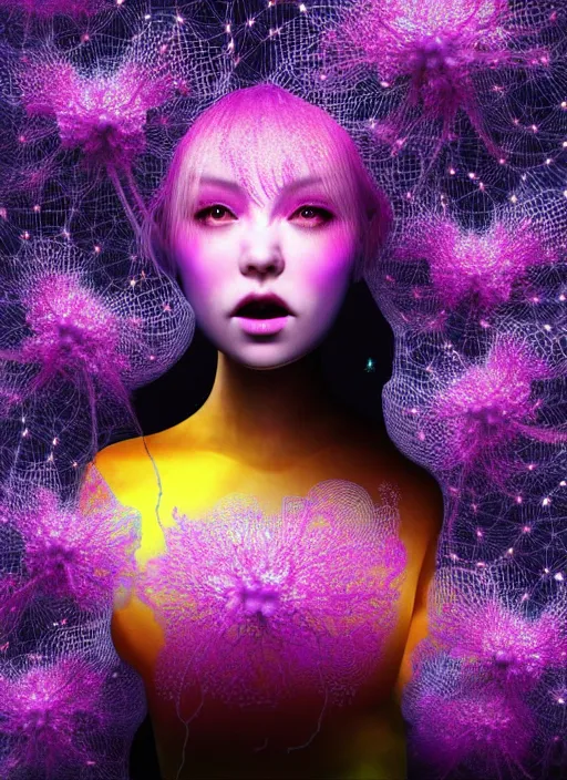 Image similar to hyper detailed 3d render like a Oil painting - kawaii Aurora (Singer) seen Eating of the Strangling network of yellowcake aerochrome and milky Fruit and Her delicate Hands hold of gossamer polyp blossoms bring iridescent fungal flowers whose spores black the foolish stars by Jacek Yerka, Mariusz Lewandowski, Houdini algorithmic generative render, Abstract brush strokes, Masterpiece, Edward Hopper and James Gilleard, Zdzislaw Beksinski, Mark Ryden, Wolfgang Lettl, hints of Yayoi Kasuma, octane render, 8k