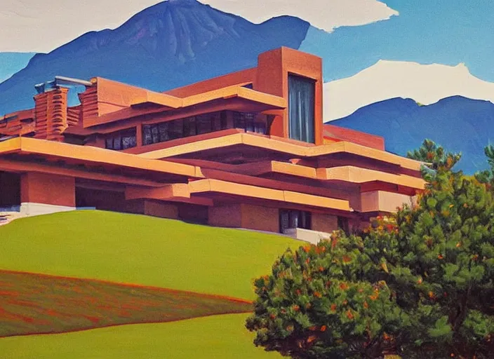 Prompt: painting of a frank lloyd wright house in front of beautiful mountains by wayne thiebaud