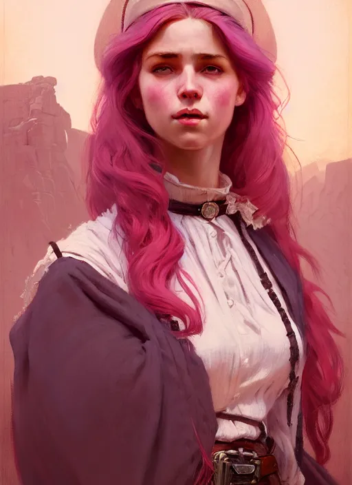 Image similar to female western sherif, beautiful girl, full body, pink hair, in old west, realistic, serov, surikov, vasnetsov, repin, kramskoi, insanely detailed, charlie bowater, tom bagshaw, high resolution, octane rendered, unreal engine, illustration, trending on artstation, masterpiece, 8 k