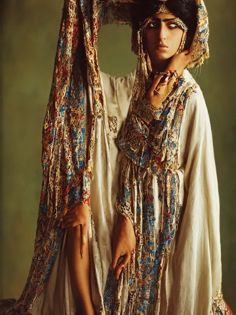 Prompt: Portrait of an ancient young Persian Princess wearing a Kaftan shot by Annie Leibovitz with Kodak Professional Portra 400 film stock,