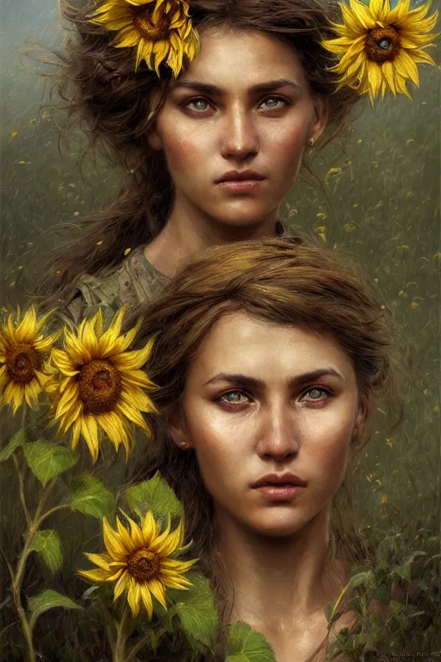 Image similar to close face portrait of a female ukraine soldier with a sunflower in her hair, summer season, moody scene, highly detailed, intricate, sharp details, summer vibe, gorgeous scene by gaston bussiere, craig mullins, somber lighting, drawn by giacomo burattini, inspired by graphic novel cover art, hyperrealistic, 8 k by rhads