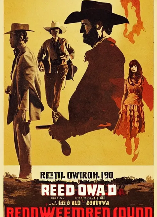 Prompt: a poster for a 1 9 6 0 s spaghetti western called red cowboy