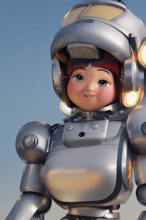 Prompt: cute chubby mecha pilot woman with blonde wavy hair| stylized | art style of disney pixar movie | HD 8k | rendered by octane