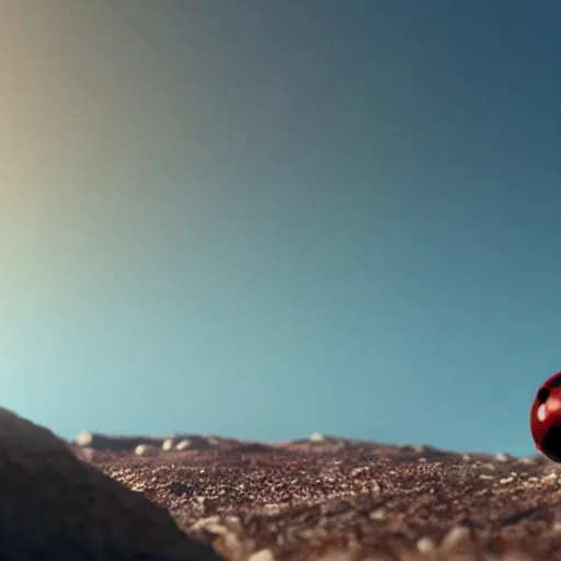 Prompt: promotional still wide angle, a mountain - sized ladybug roams a barren wasteland, dramatic lighting, ( e. t. the extra - terrestrial ), batteries not included, harry potter, octane 3 d render, imax, 7 0 mm.